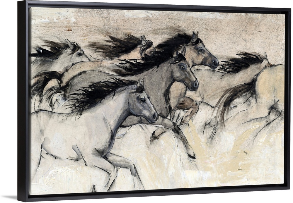Contemporary artwork of a herd of horses galloping at fast pace.
