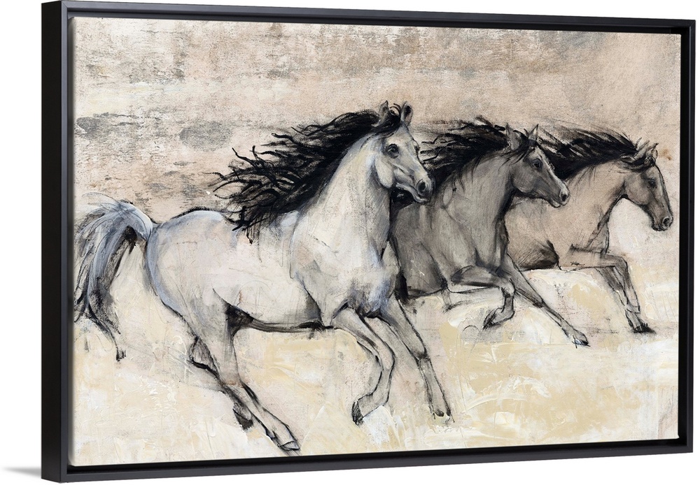 Contemporary artwork of a herd of horses galloping at fast pace.