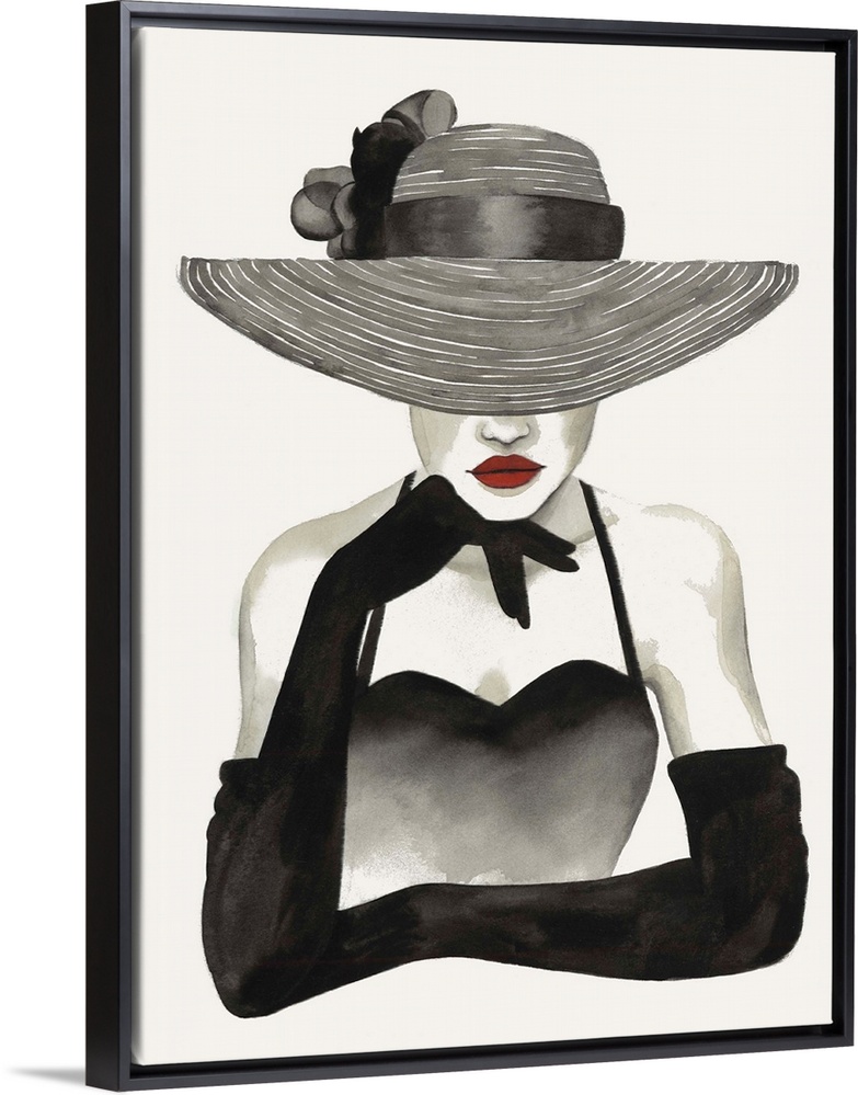 Fashion docor image of a slender woman wearing elbow length black gloves and a large straw hat. Her eyes are covered, givi...