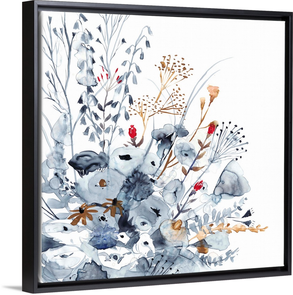 Square watercolor painting of indigo, orange, and red wildflowers.