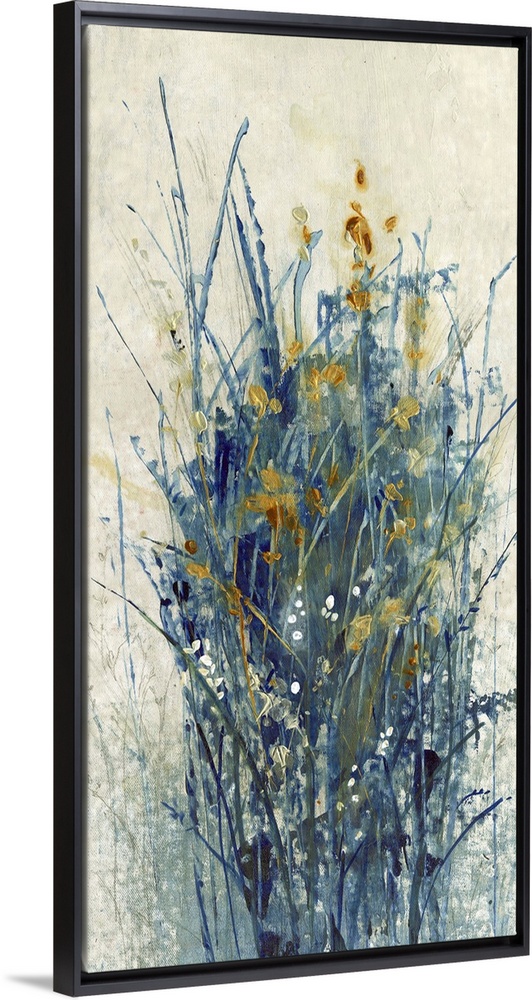 Contemporary abstract artwork using dark cool tones in wispy line strokes creating what looks like grass and flowers.