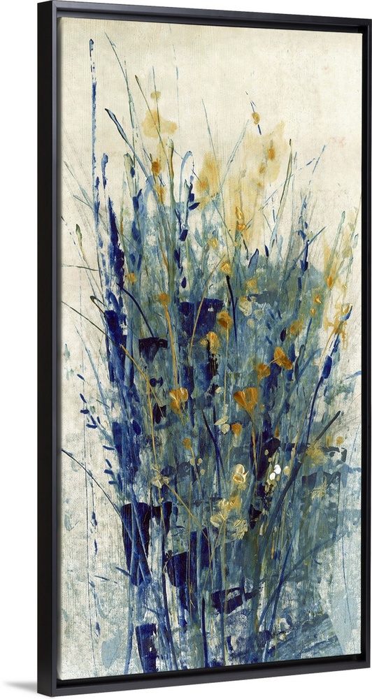 Contemporary abstract artwork using dark cool tones in wispy line strokes creating what looks like grass and flowers.