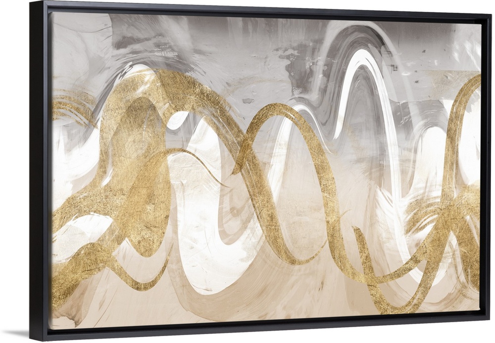 Abstract contemporary painting of interweaving gold and white wavy lines.