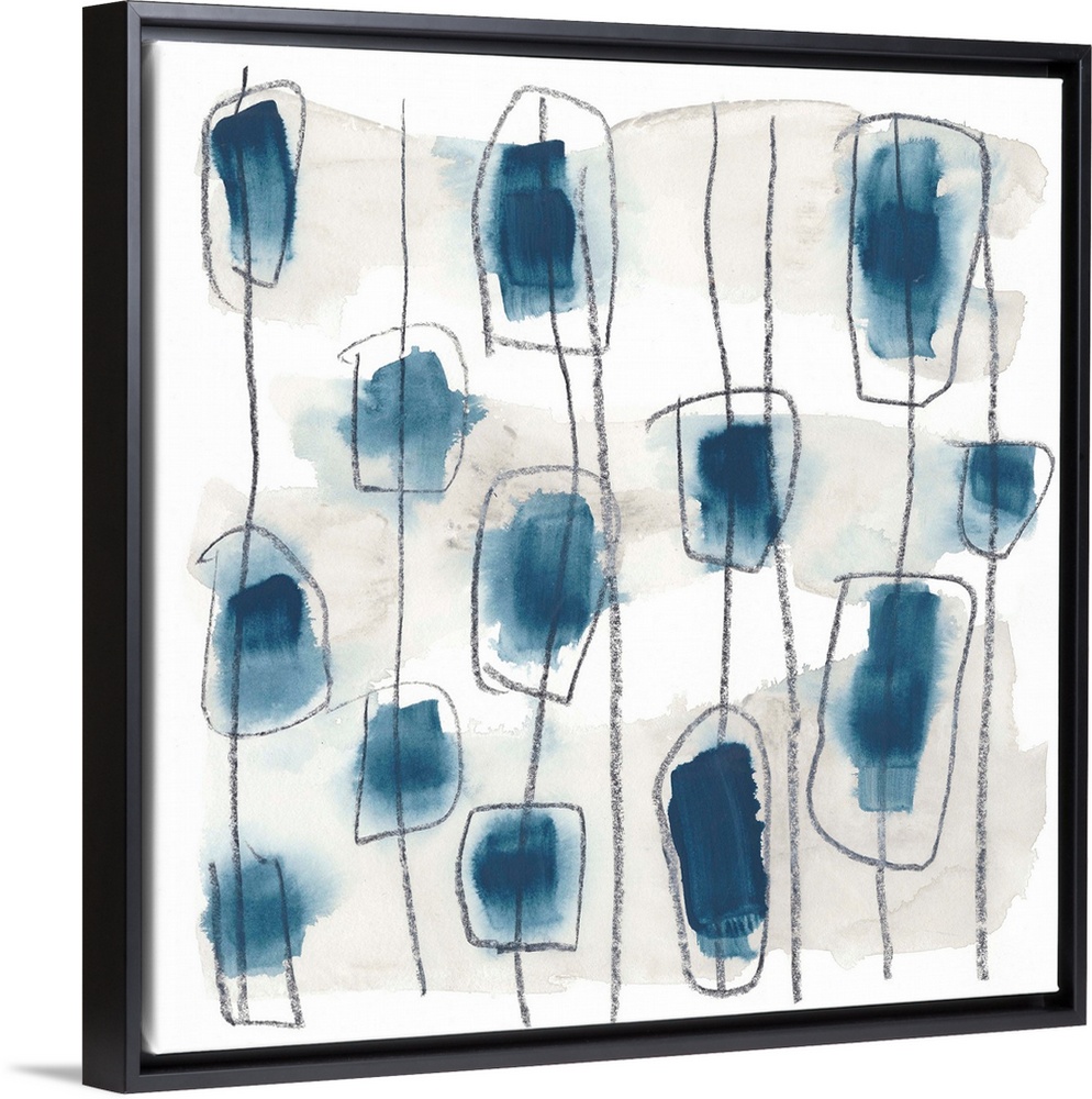 Contemporary abstract painting in gray and indigo blue.