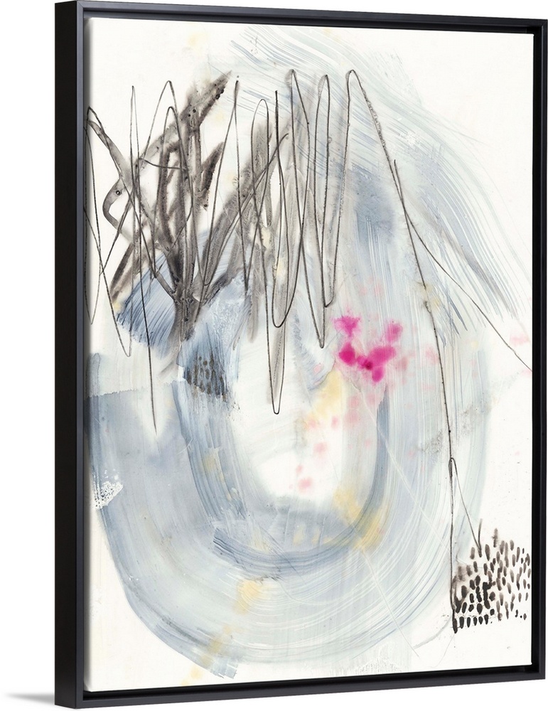 Contemporary abstract painting with large blue brustrokes and erratic back lines.