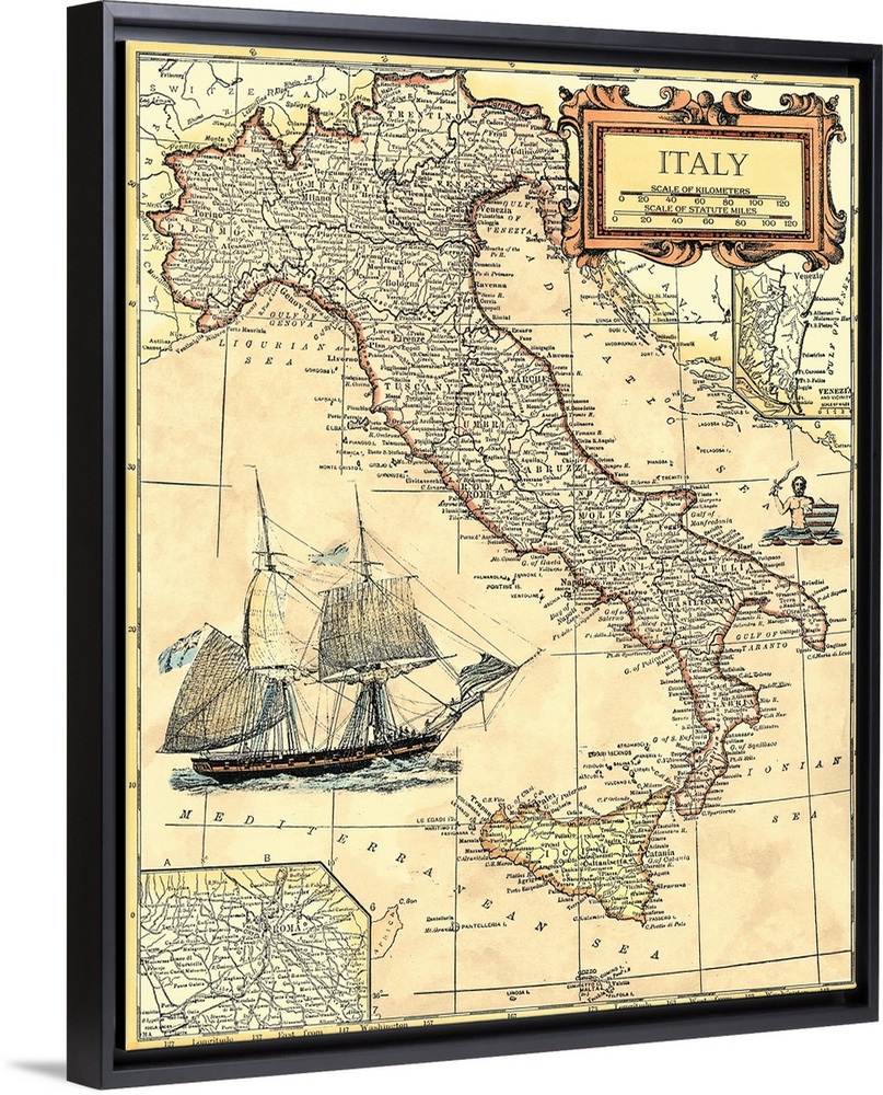 This vertical wall art is an antique political map of Italy with cities and regions labeled in Italian.