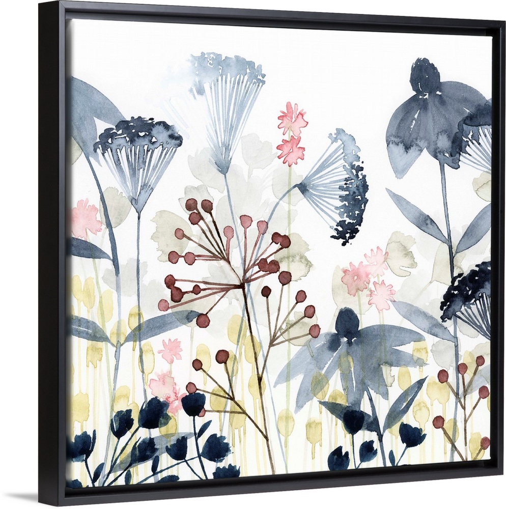 This soft contemporary artwork features an assortment of wildflowers and foliage including delicate blue watercolor blossoms.