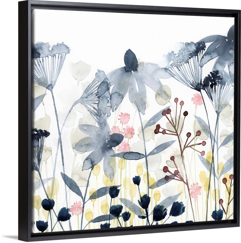 This soft contemporary artwork features an assortment of wildflowers and foliage including delicate blue watercolor blossoms.