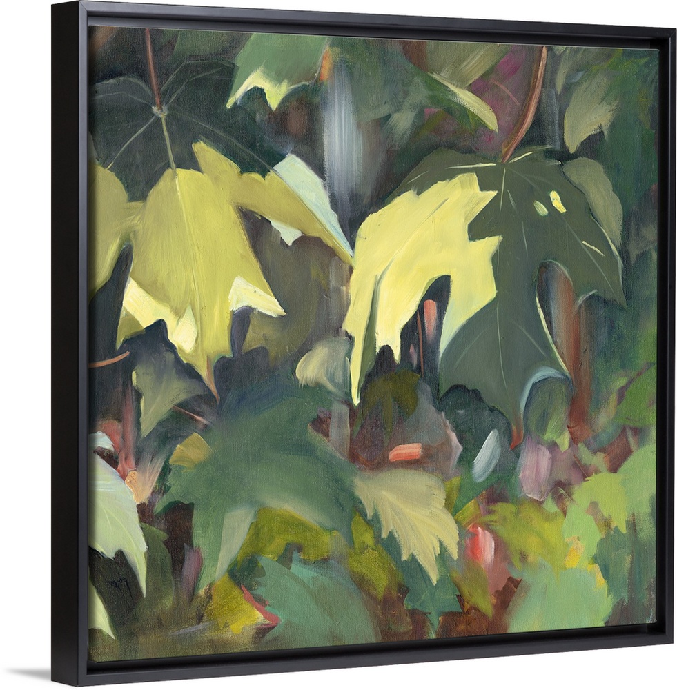 Contemporary artwork of green oak leaves in the shade.