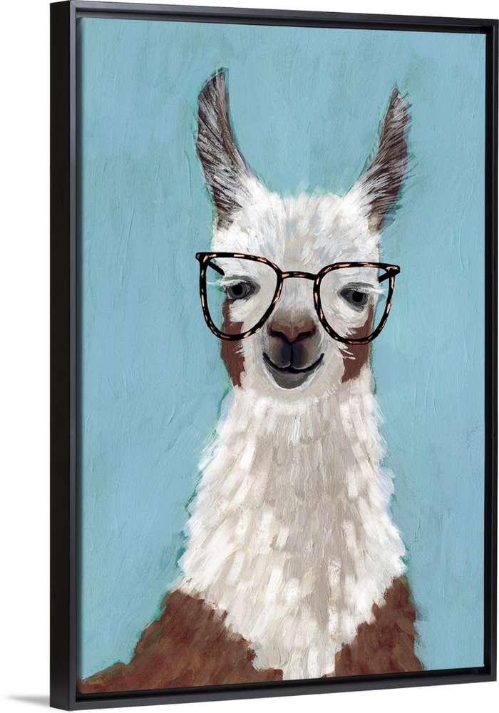 One painting in a series of hipster llamas with goofy grins wearing eye glasses.