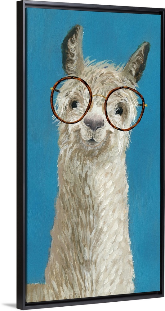 One painting in a series of hipster llamas with goofy grins wearing eye glasses.