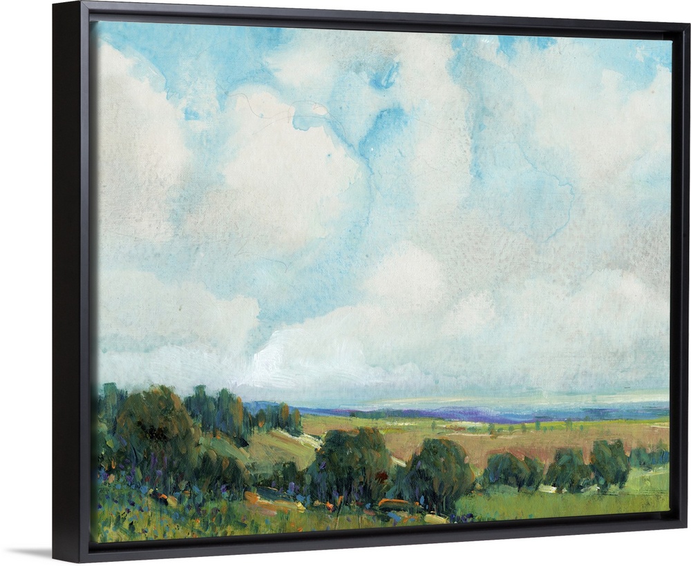 This contemporary artwork features short vertical brush strokes to create this lively countryside landscape with soft clou...