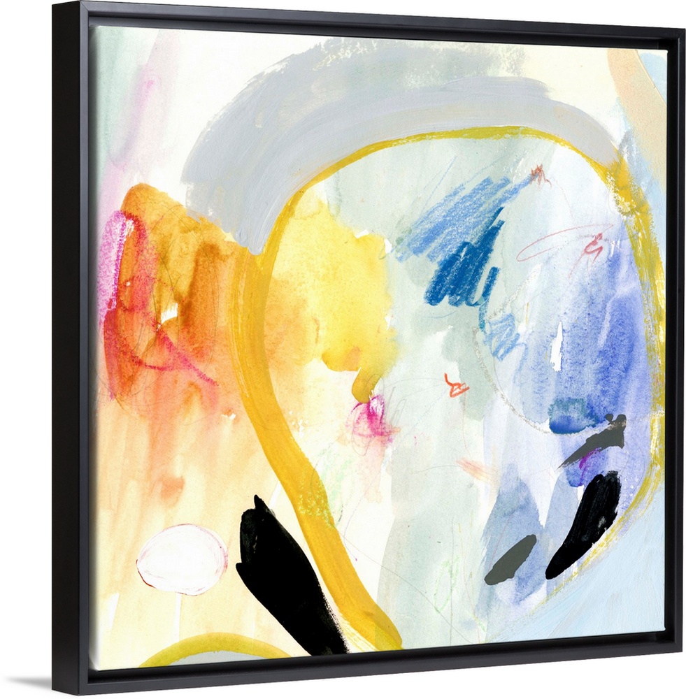 Contemporary abstract painting in various colors with large circular shapes in bright yellow.