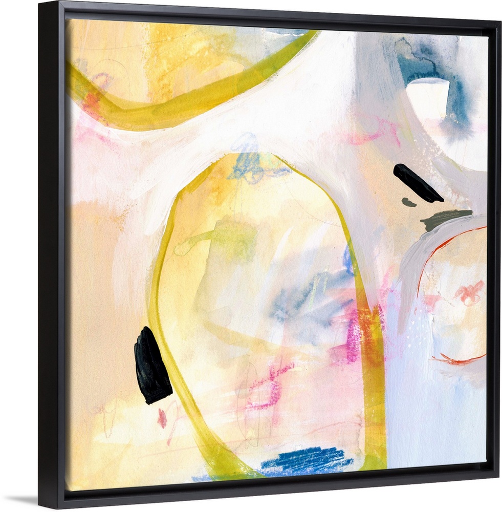 Contemporary abstract painting in various colors with large circular shapes in bright yellow.