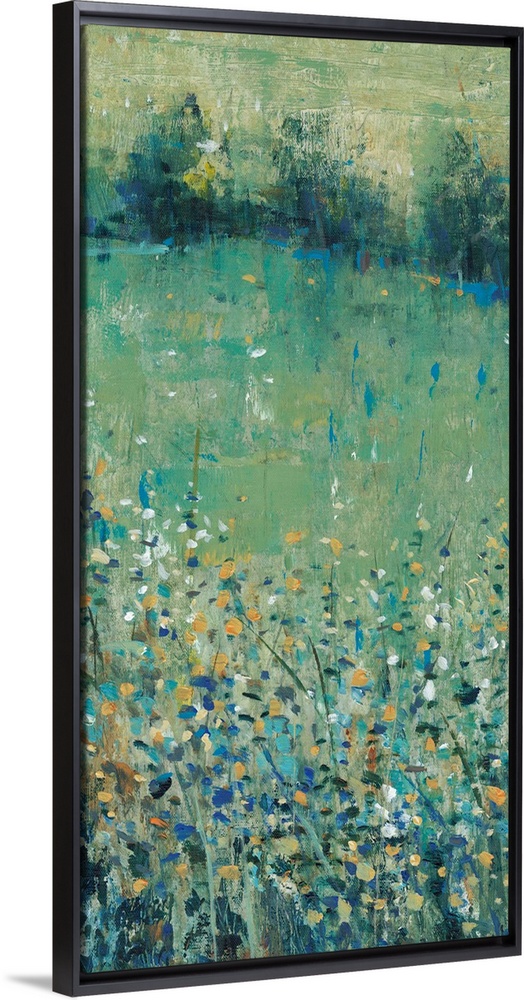 Contemporary painting of an abstracted green meadow full of wildflowers.