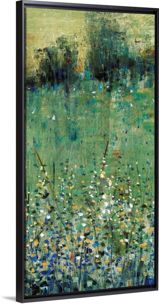 Contemporary painting of an abstracted green meadow full of wildflowers.
