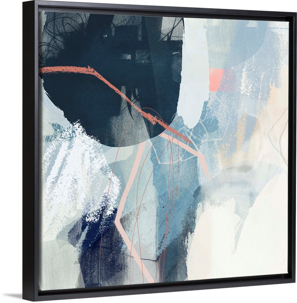 Contemporary abstract painting with circular shapes, lines, and brushstrokes in blue, white, and peach.