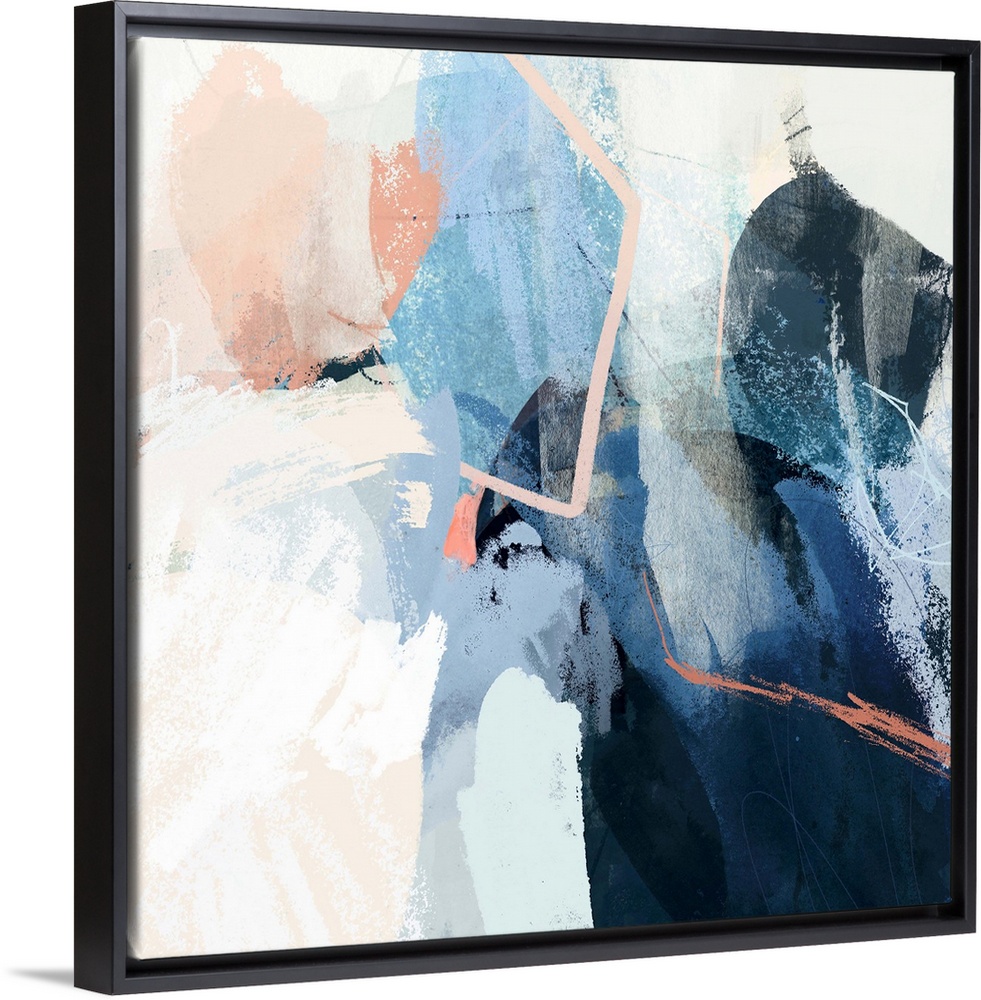 Contemporary abstract painting with circular shapes, lines, and brushstrokes in blue, white, and peach.