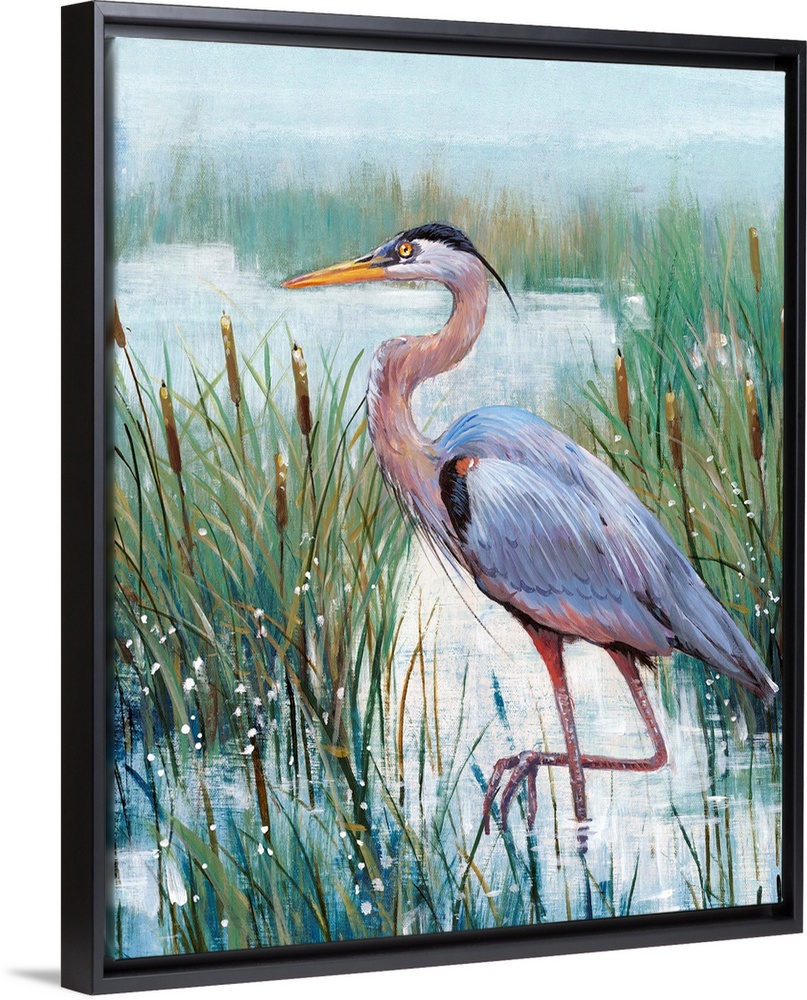 In this contemporary artwork, a stoic heron wades in the water with tall grasses and cattails working as camouflage.