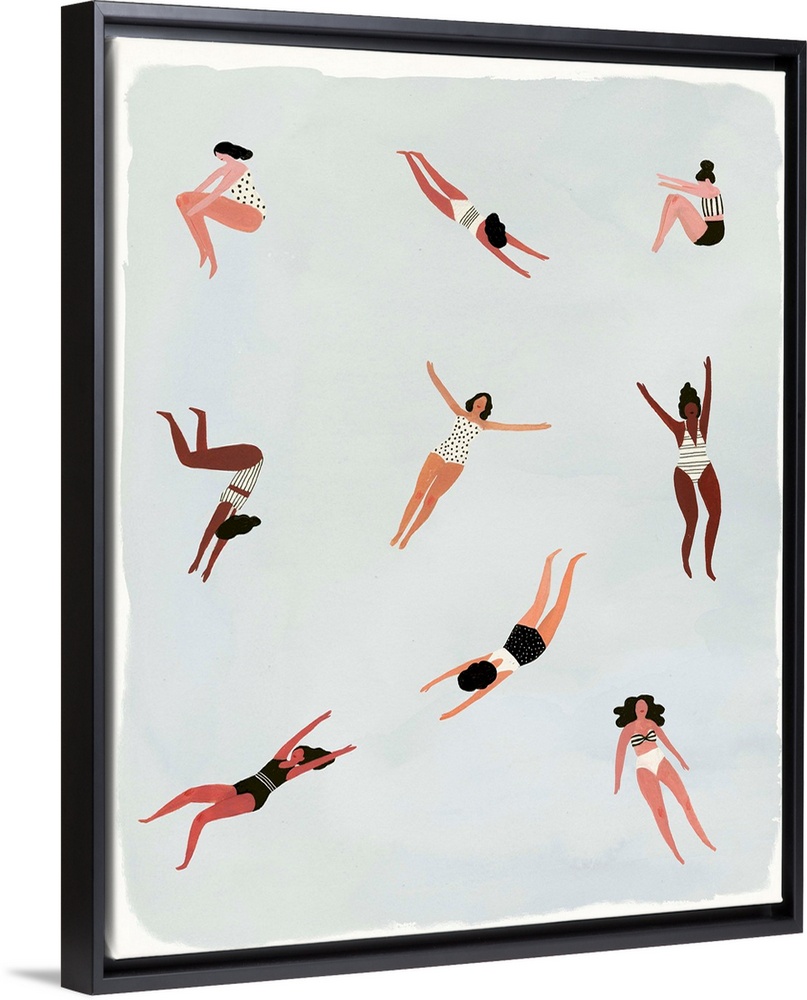 Contemporary figurative painting of various women in swim suits diving and swimming.