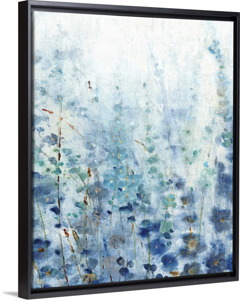 Contemporary painting of a patch of wildflowers made in shades of blue with gold accents.