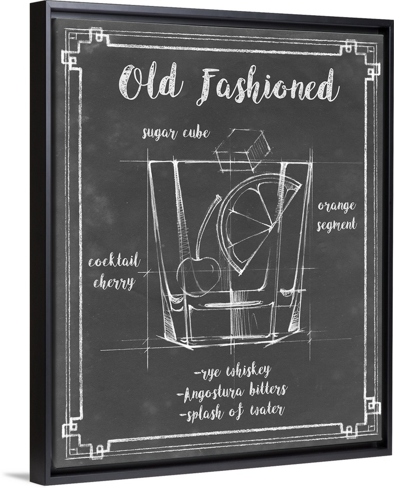 Blueprint style diagram and recipe of an Old Fashioned cocktail.