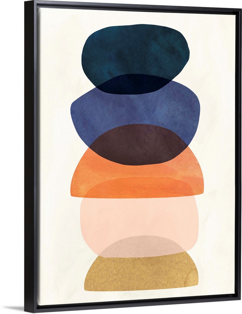 Mid-century modern style abstract painting with multi-colored overlapping shapes.