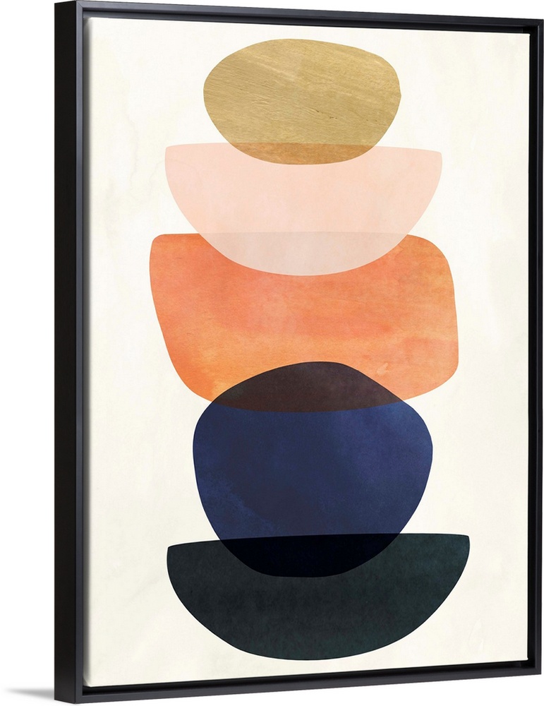 Mid-century modern style abstract painting with multi-colored overlapping shapes.