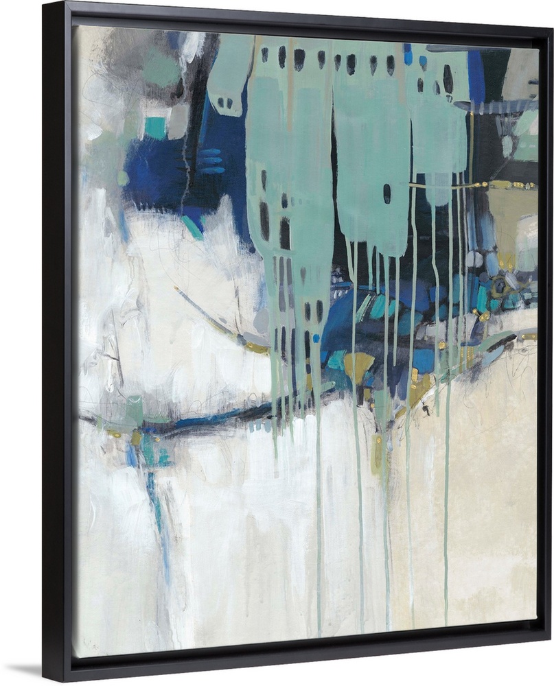 Contemporary abstract painting in teal, navy, and neutral hues.