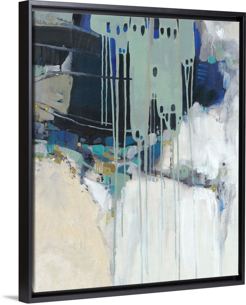 Contemporary abstract painting in teal, navy, and neutral hues.