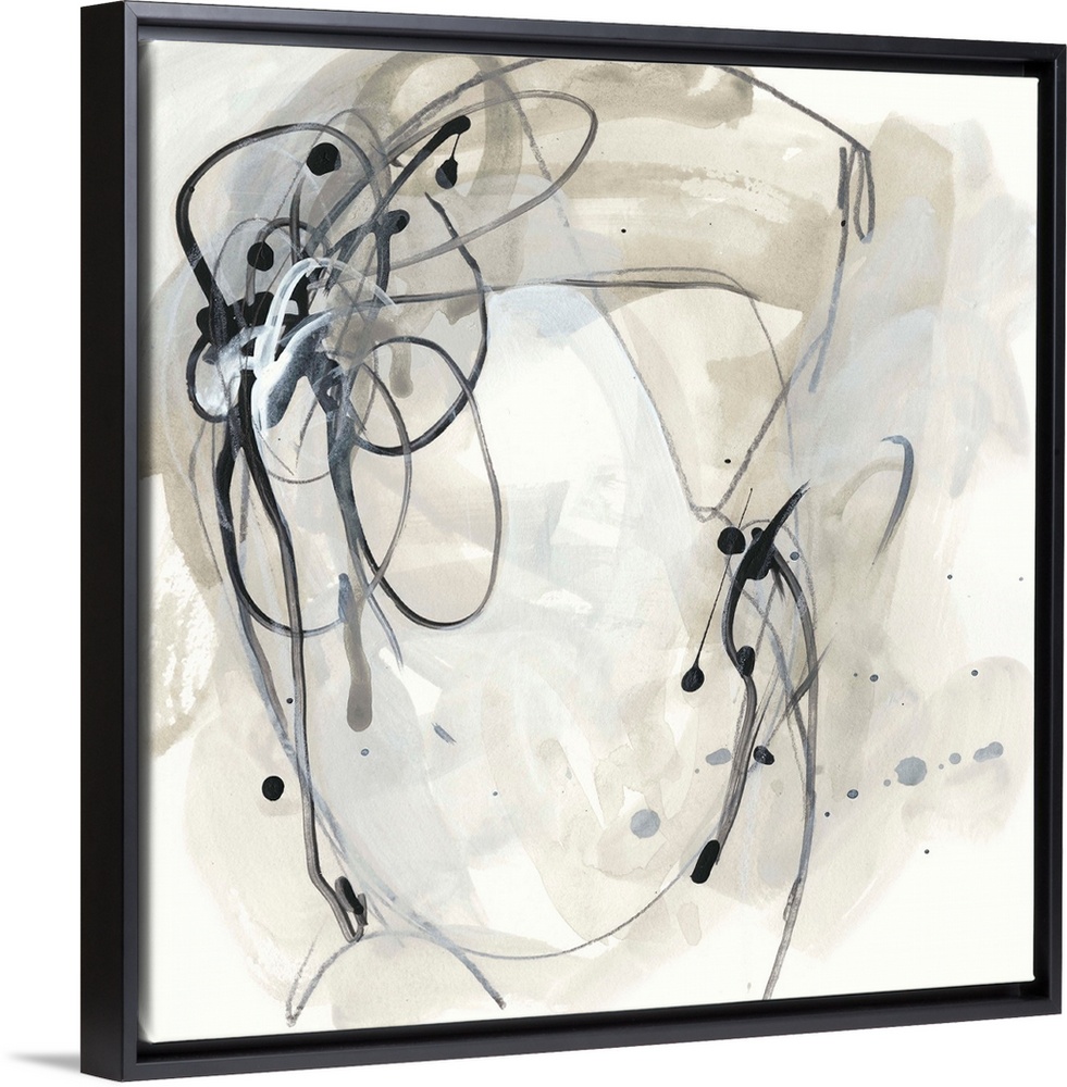 Square abstract painting in black, gray and beige in circular shapes with drips of the overlapping paint on a white backgr...