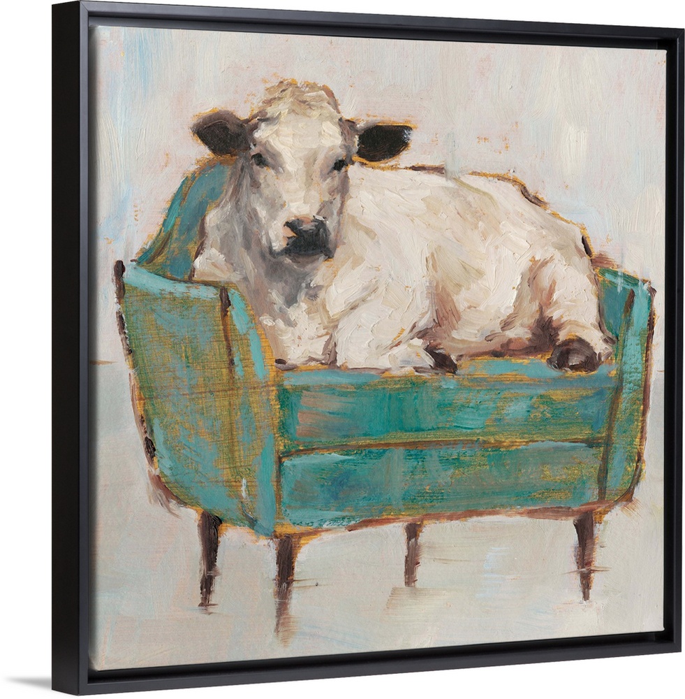 A whimsical composition of a large white cow lying comfortably on a luxe teal sofa. With it's gold accents, this image is ...