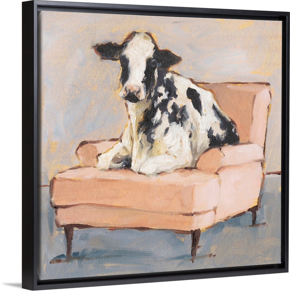 A whimsical composition of a large black and white cow lying comfortably on a peach colored chaise. With it's gold accents...