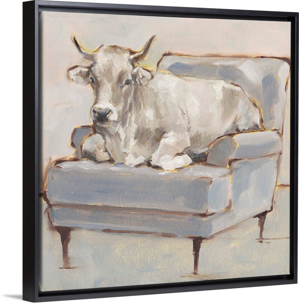 A whimsical composition of a large white cow lying comfortably on a luxe light blue chair. With it's gold accents, this im...