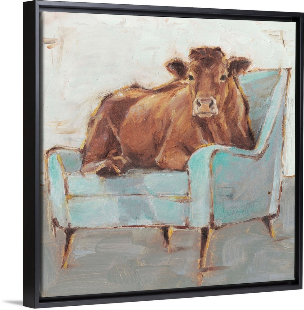 A whimsical composition of a large brown cow lying comfortably on a pale blue armchair. With it's gold accents, this image...