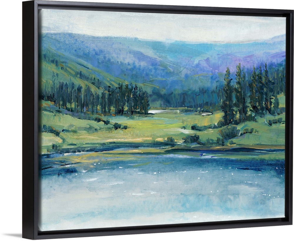 Large landscape painting with cool tones of a hilly wilderness landscape with a lake in the foreground.