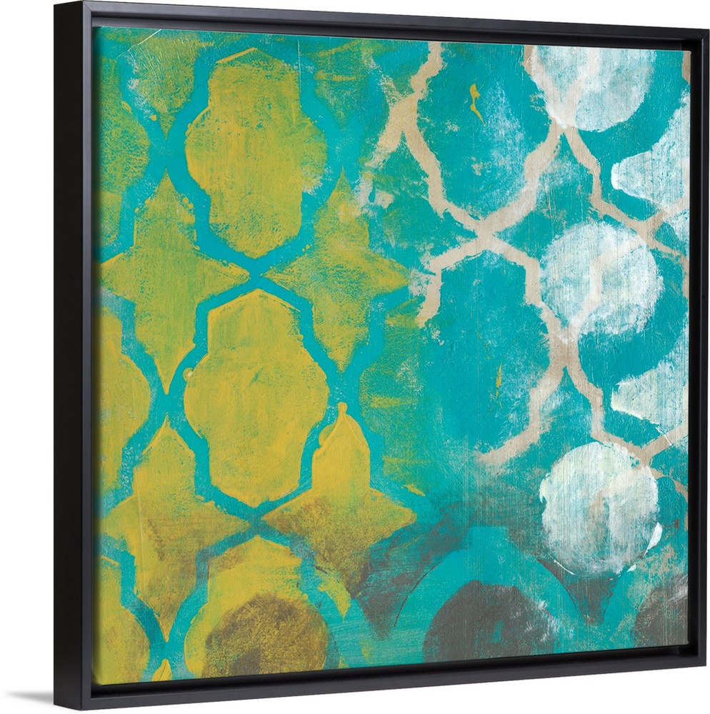 Contemporary abstract painting of two overlapping decorative filigree frameworks.