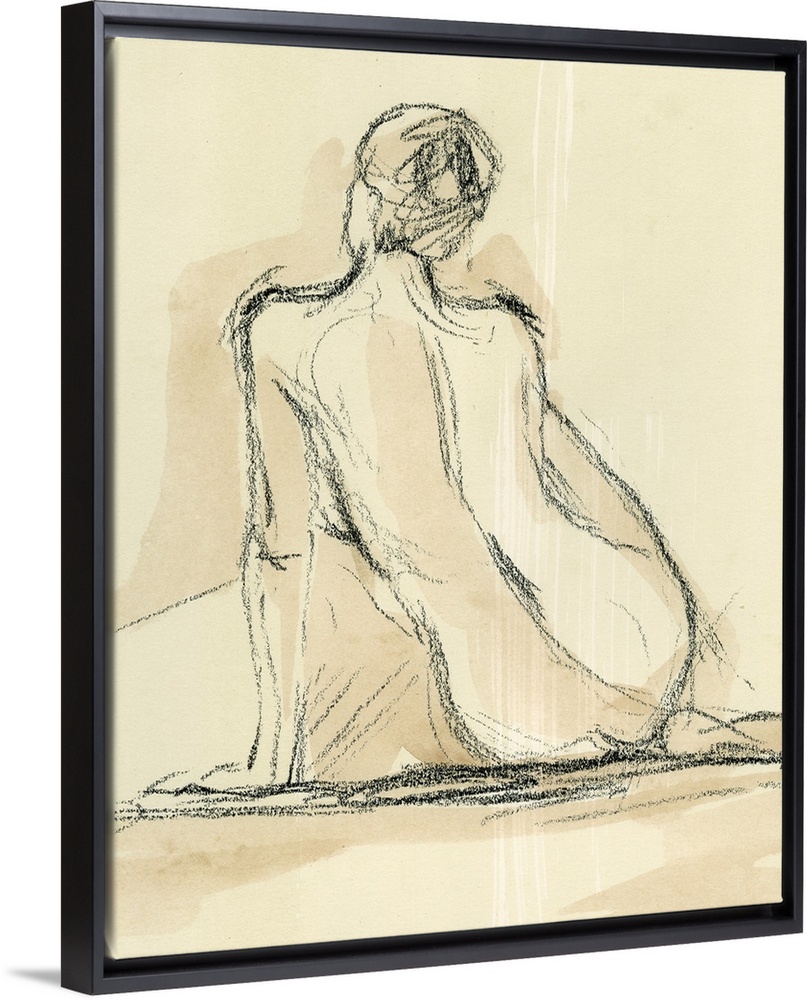 Portrait, figurative art on a large wall hanging, of a roughly sketched nude, female form, leaning on one hand while sitti...