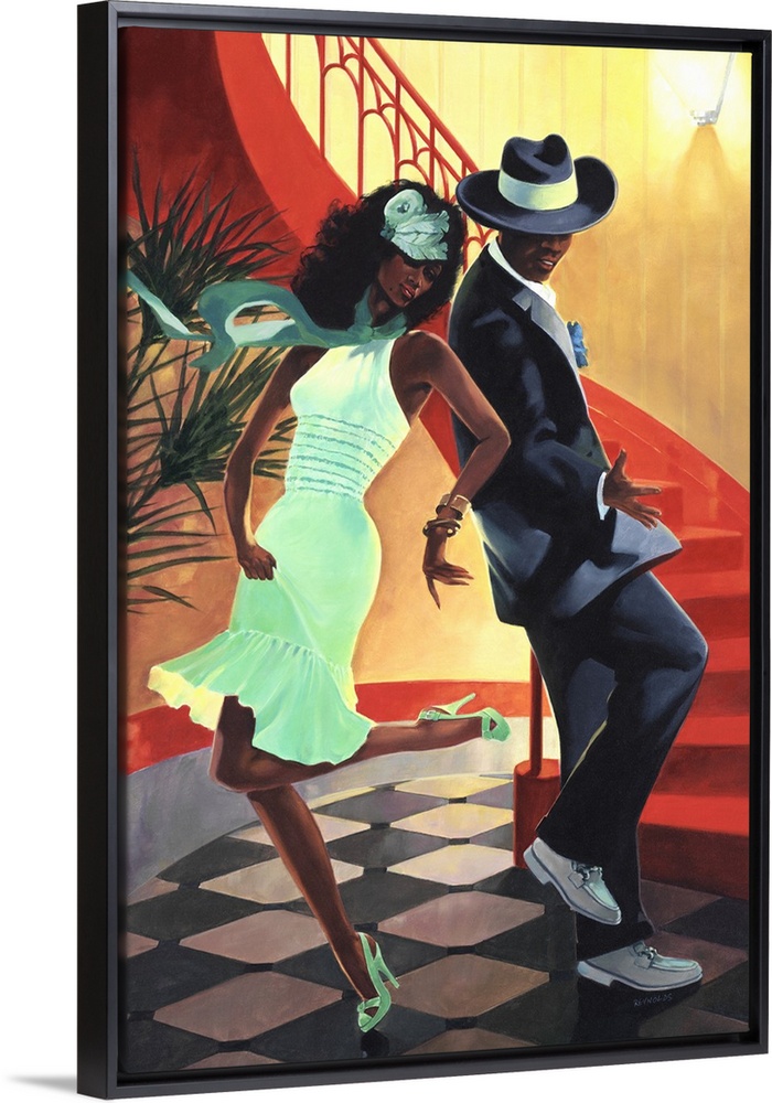 An African American couple in 20's style fashion dancing in an upscale club.