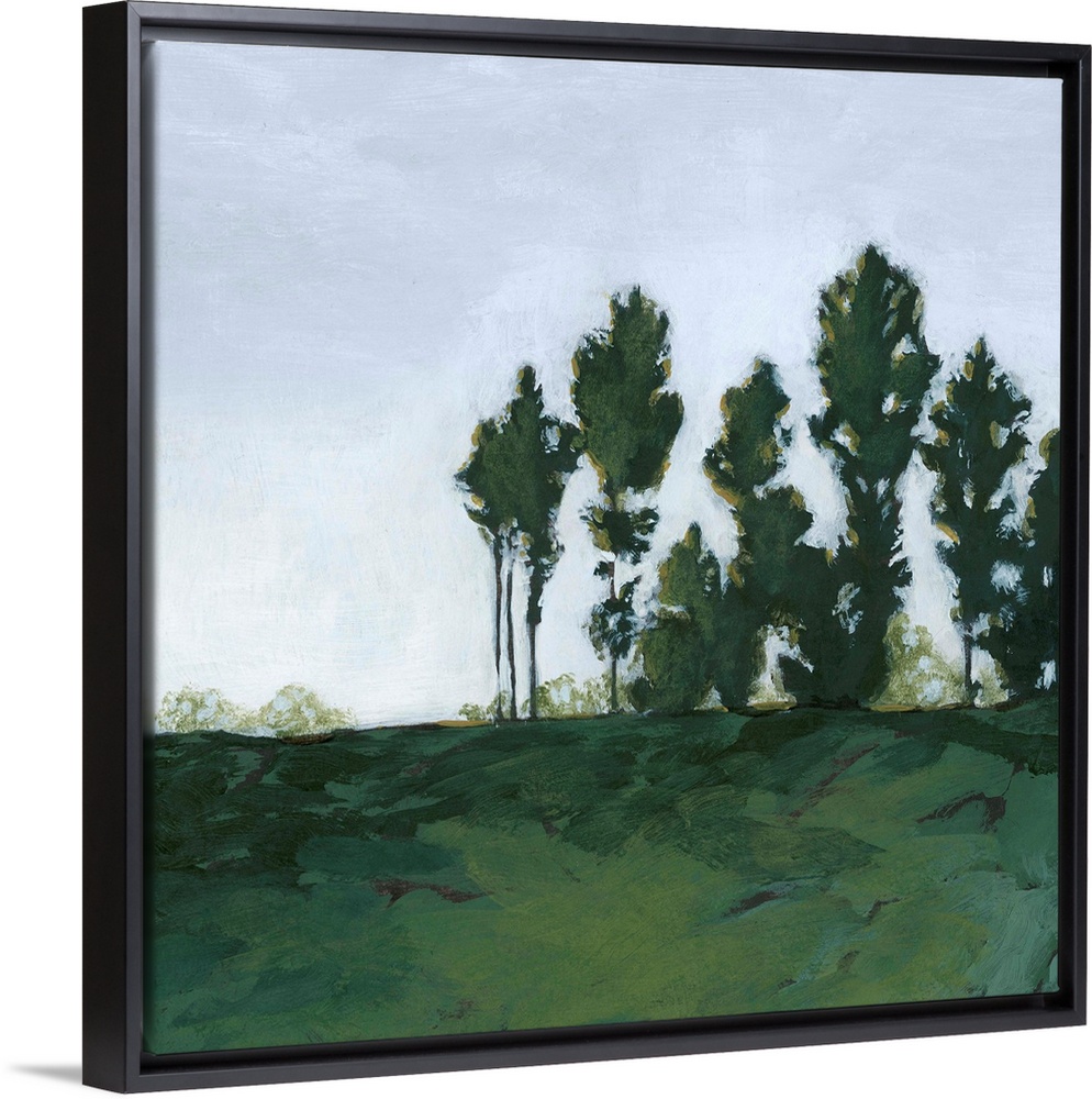 Contemporary painting of a vibrant green landscape.