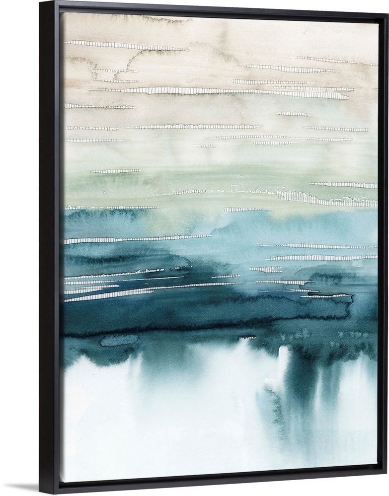 Contemporary painting in a beige-blue gradient with running paint at the bottom.