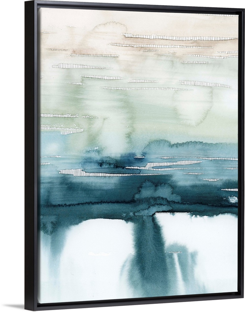 Contemporary painting in a beige-blue gradient with running paint at the bottom.