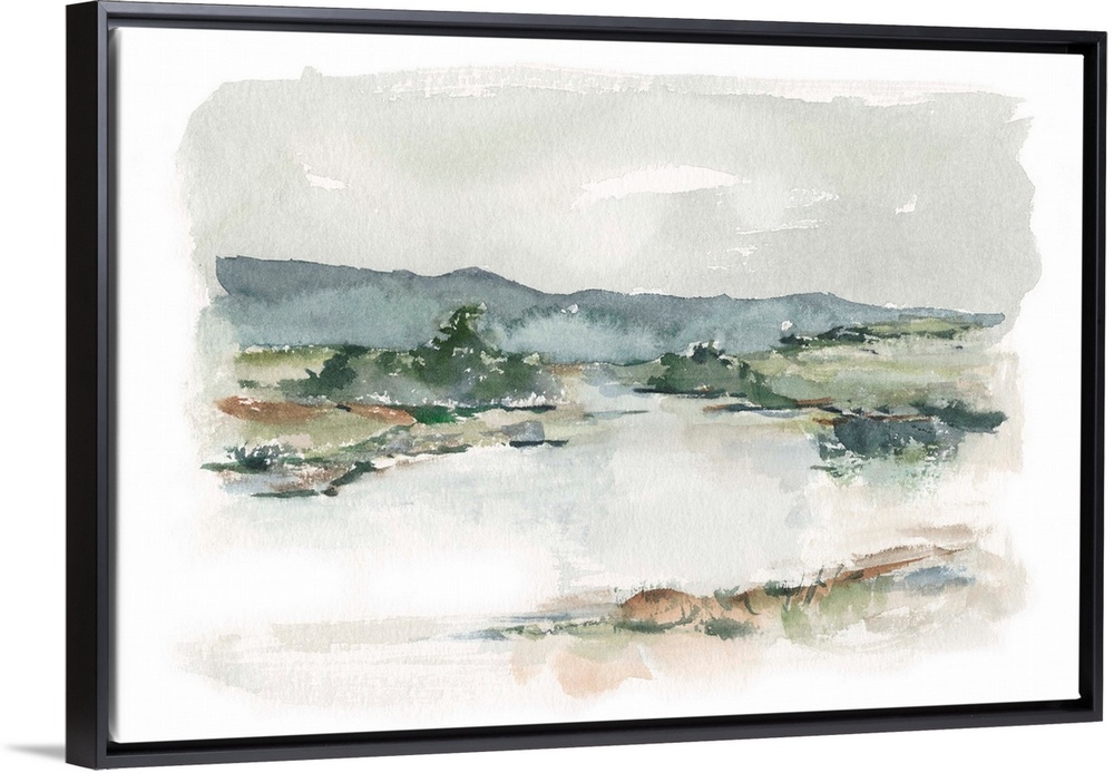 Watercolor abstract landscape in muted earth tones and blues.