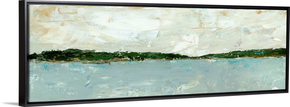 A long, panoramic abstract of a lake or ocean scene, with stormy blue waters under a cloudy sky. Painted in a chunky, abst...