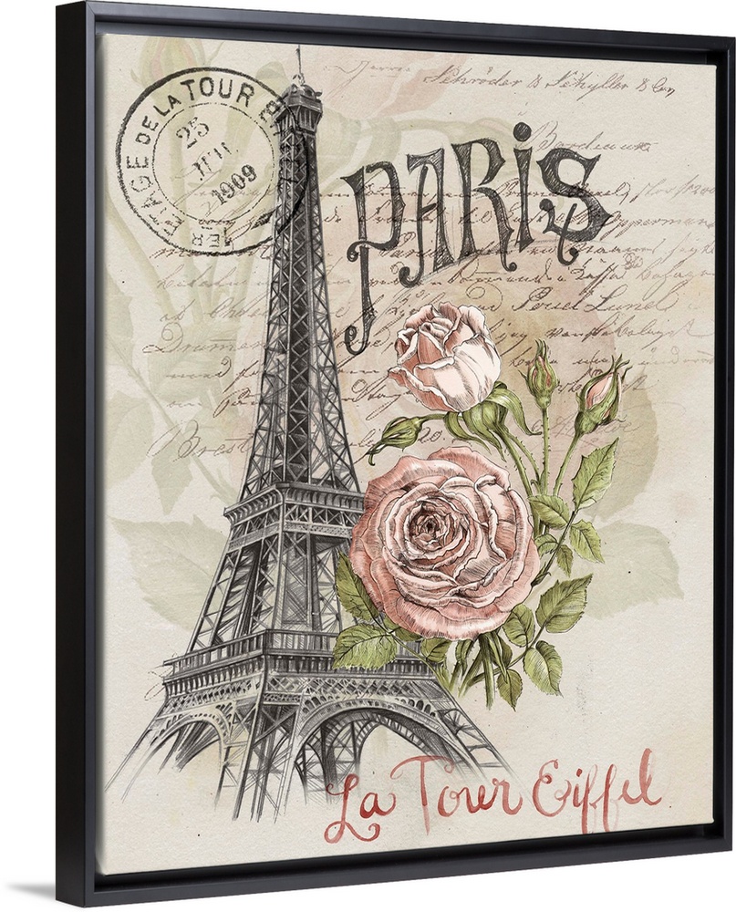 A sketch of the Eiffel tower is adorned with an illustrated rose and French text throughout.