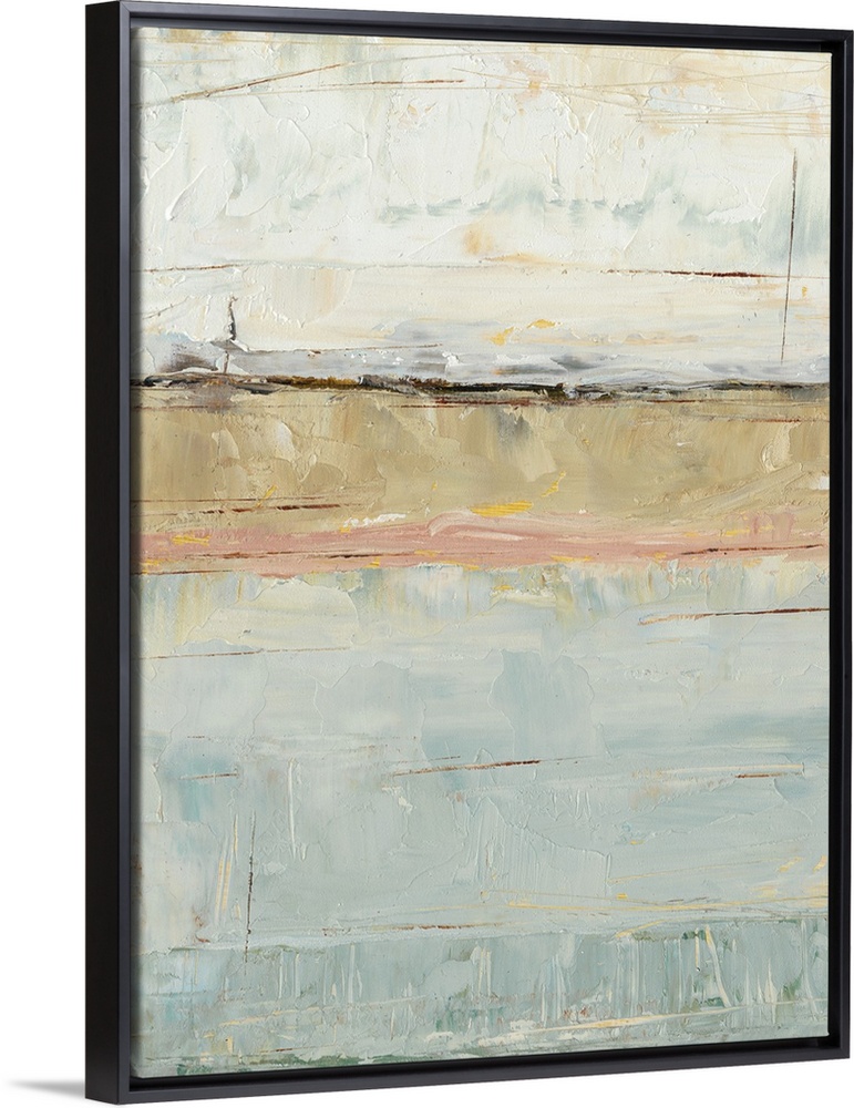 Contemporary abstract painting with pale blue, pink, and brown planes of color.