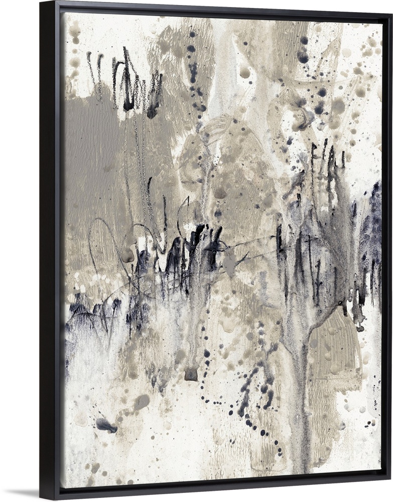 This abstract artwork is constructed from thick brush strokes, smeared paint and paint splatter with drips in shades of gray.