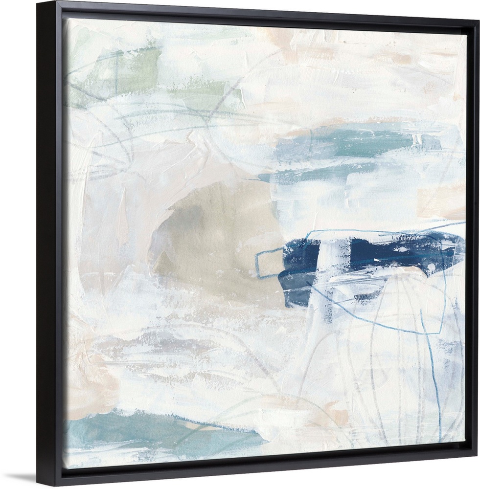 White, pale blue, and neutral browns come together to construct this abstract painting reminiscent of a calm day on the be...
