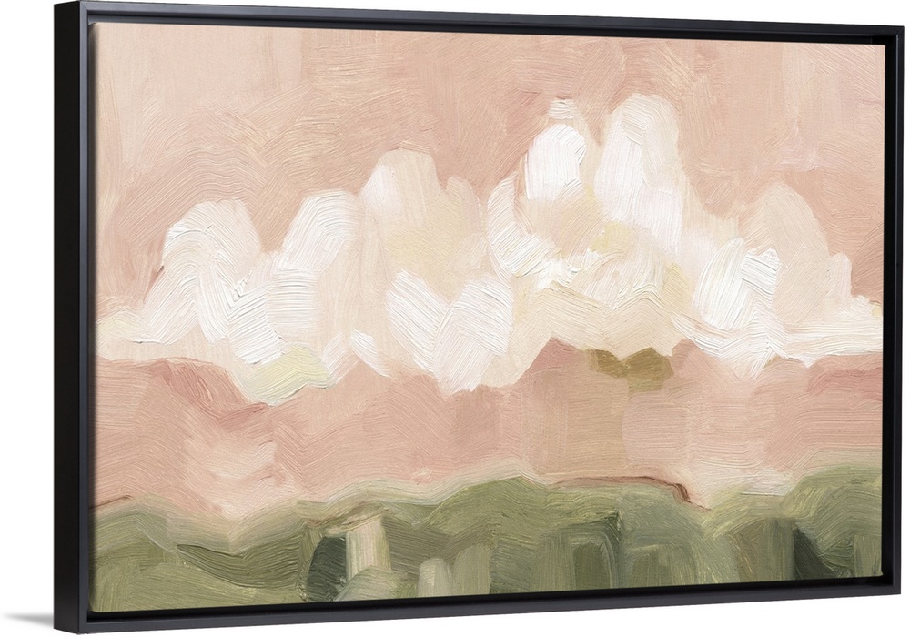 Contemporary painting of bold, textured brush strokes of large white clouds in a pink sky over a field.
