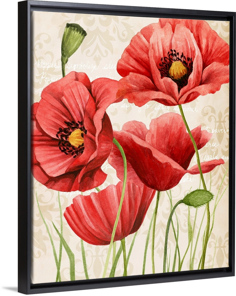 Contemporary illustration of vibrant red poppies in bloom on a beige damask background.